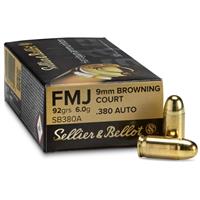 Sellier & Bellot 380 Auto/9mm Browning Court 92 Grain Full Metal Jacket Brass Cased Pistol Ammo, 50 Rounds, SB380A